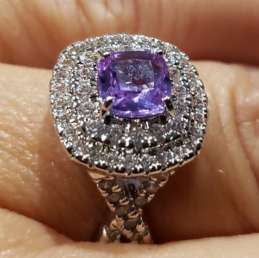 *BP #2466 - Amethyst & White Topaz (lab) Rhodium Size 7.25 Ring BRAND NEW - Picture 2 of 4